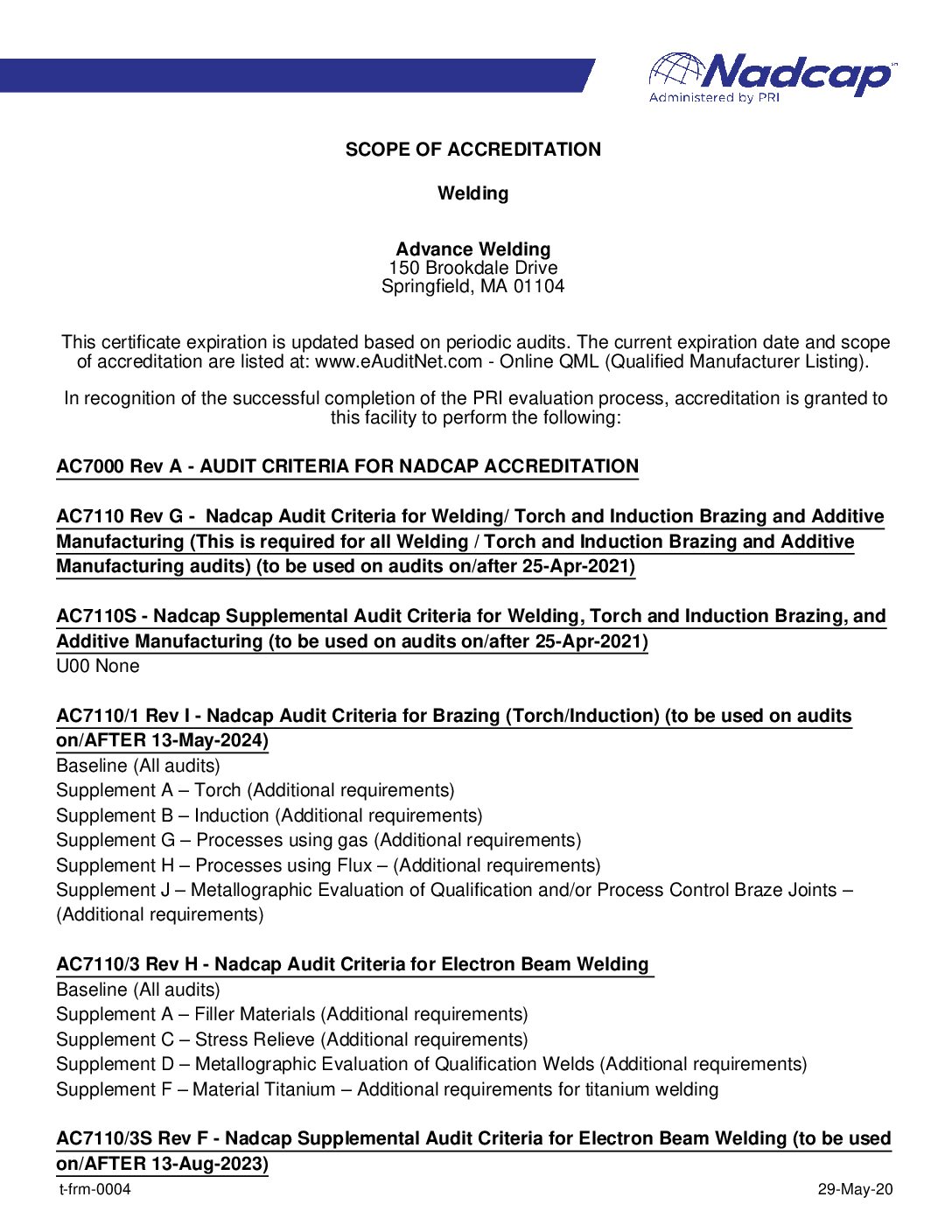 Advance Welding NADCAP Scope of Accreditation